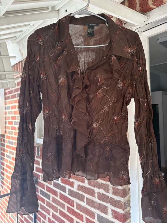 Sunny Taylor Tops - New York & Company Brown Ruffle Sheer Floral Blouse
